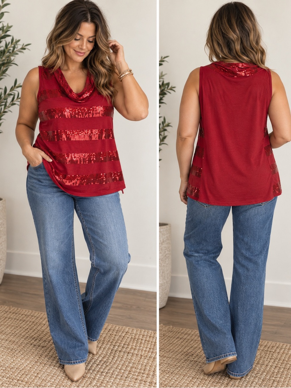 Roza & Ali Red Sequin Cowl Neck Top 1X NWT Holiday Party